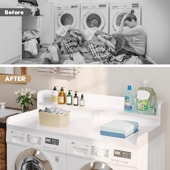 2-Tier Washer Dryer Countertop with 2.75" H Edge Rails, 58" W x 28" D Laundry Countertop for Folding Clothes, Washer and Dryer Topper with Non-Slip Pad (White)