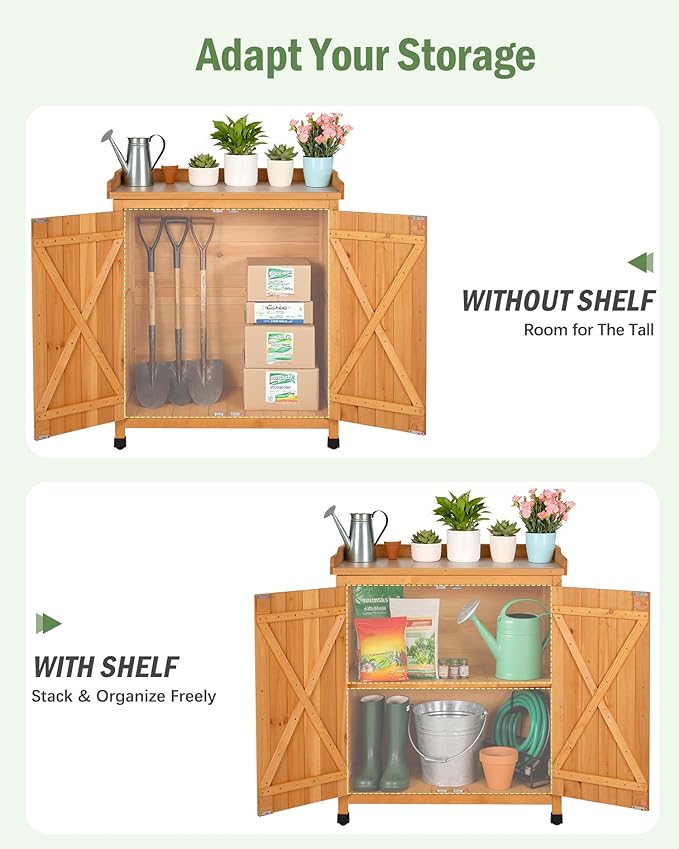 Outdoor Storage Cabinet with Metal Work Top|Waterproof Wooden Potting Bench|Spacious Patio Cabinet with Raised Side Rail for Garden Tools, Backyard,Lawn Gardening|Wood Outdoor Cabinet
