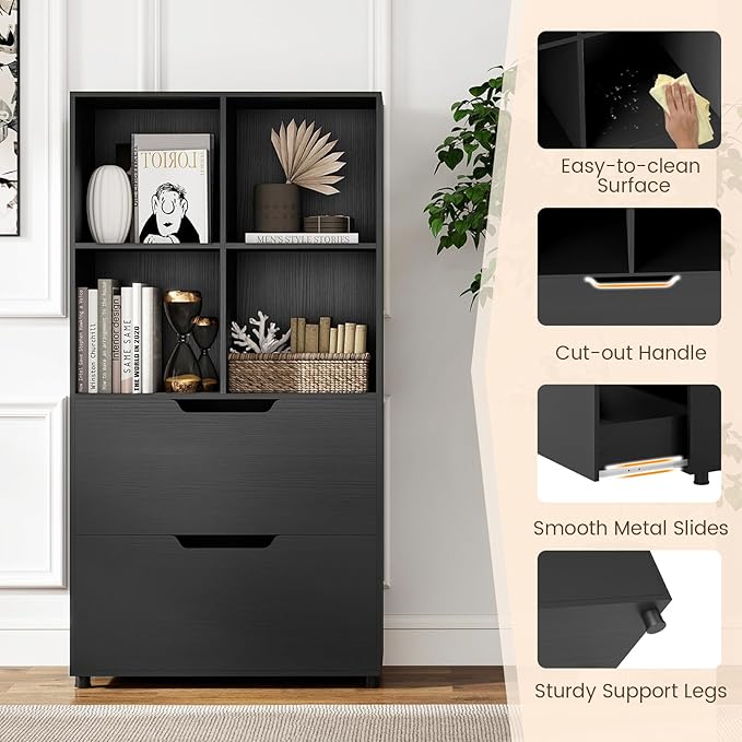 GOFLAME 4-Tier Bookcase with 2 Drawers, 51” Tall Bookshelf with 4-Cube Open Shelf, Wood, Modern, Freestanding Display Storage Organizer Shelf for Living Room, Home Office (1,Black)