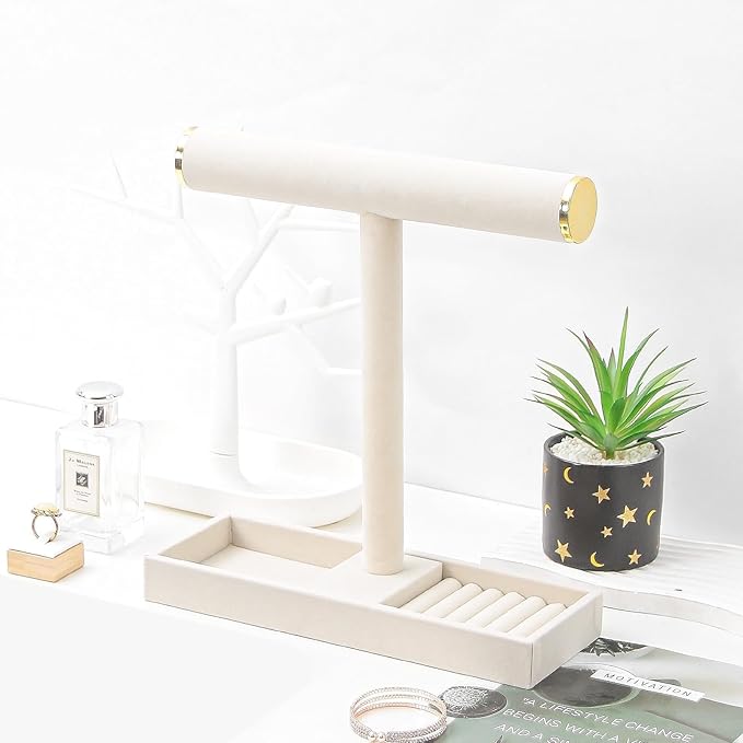 Multi-Use Jewelry Holder Stand, Necklace Bracelet Ring Organizer Stand, Scrunchie Watches Velvet Jewelry Holder Stand With Tray for Women Girls Home Use(Beige with Lid)