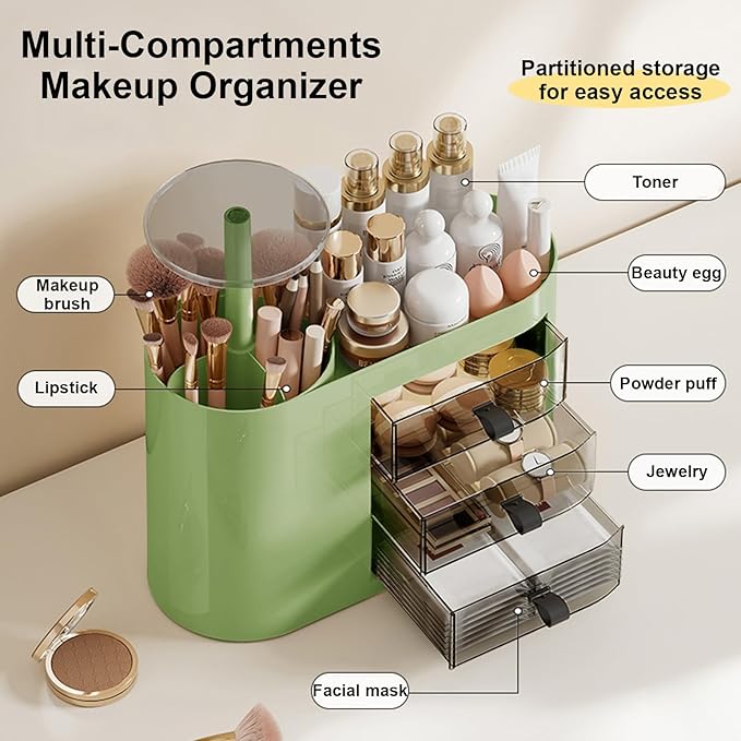 DASITON Makeup Organizer with 3 Drawers,Automatic Lifting Makeup Brush Holder with Lid,Large Capacity Makeup Organizers for Vanity,Bathroom Countertop,Ideal Storage Skin Care,Brushes,Lipstick (Green)