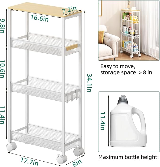 TIPGO Utility Slim Storage Cart, 4 Tier Rolling Cart with Wheels, Narrow Storage Cabinet for Bathroom, Laundry Shelves for Room Organization, Small Organizer for Kitchen, Office and Dorm (White)
