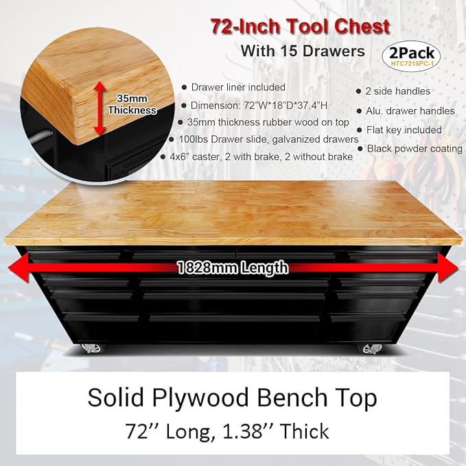 2 Pack - 72" Stainless Steel Rolling Tool Chest with 15 Drawers, Lockable Storage Cabinet, Black Mobile Workbench, Assembled Black Large Tool Box with Wheels for Garage Workshop (2 × HTC7215PC-1)