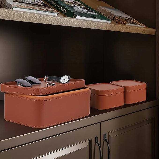 HofferRuffer Faux Leather Decorative Storage Boxes, Dust proof Storage Shelf Baskets with Lids Trays, Storage Bins Memory Box Organizer for Home, Office, Jewelry & More, Set of 3 (Brown)