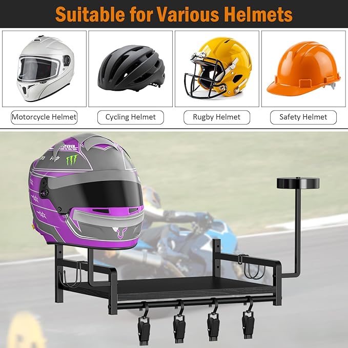 OYEAL Helmet Rack Wall Mount Black Motorcycle Helmet Holder with Shelf, Gear Storage Rack with Hooks, 4 Glove Clips for Motorcycle Accessories