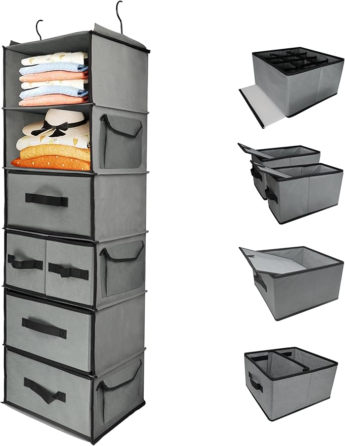 6-Tier Hanging Shelves with 5 Drawers & 3 Side Pocket,Durable Fabric Hanging Closet Organizer Holder with Sturdy Hook,Space-saving Storage Organization for Bedroom,Dorm,Guestroom,RV,Bathroom