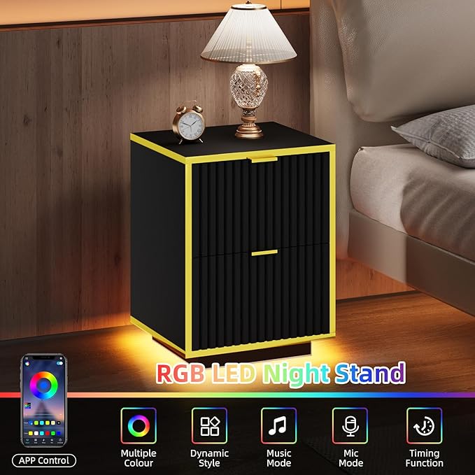 Fluted Nightstand, Black End Table with LED Lights, Modern Floating Night with Base, Bedside Table with Storage, End Table with Drawers for Bedroom, Black and Gold