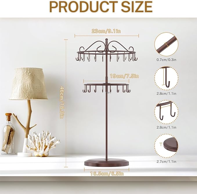 iDavosic.ly 2 Tier Rotating Necklace Holder Organizer with 42 Hooks, Adjustable Metal Bracelet Display Stand Rack, Extra Tall Keychain Spinning Tree Tower for Women, Espresso Brown