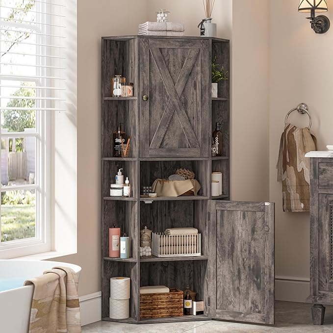 Farmhouse Corner Cabinet with Storage, Tall Corner Storage Cabinet with Adjustable Shelves and Barn Doors Farmhouse Cube Organizer Furniture Bookshelf Cabinets for Bathroom, Living Room (Grey)