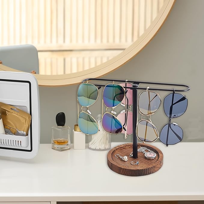 Sunglass Organizer, Multiple Glasses Holder Stand for Men and Women, Wood Eyeglass Holder Rack, Metal Sunglasses Organizer Storage for dresser, desk, bedroom, nightstand