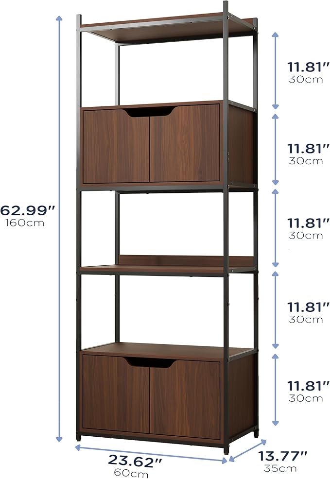 Bookcase with 4 Doors, 63" Tall Bookshelf with Storage Cabinet, 6 Tier Open Bookshelf for Display, Industrial Floor Standing Display Storage Shelves for Home Office, Living Room, Brown