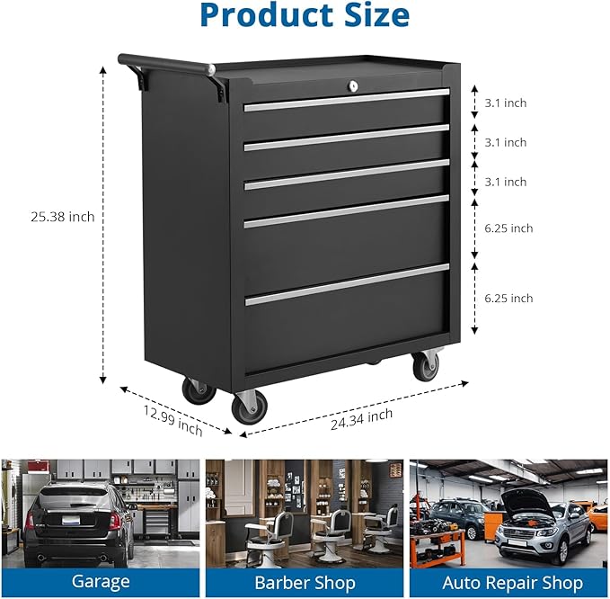 5-Drawer Rolling Tool Chest with Wheels and Locking System, Portable Tool Cabinet for Garage, Workshop, Mechanic, Heavy Duty Tool Box with Drawers, Detachable Storage for Home and Shop, Black