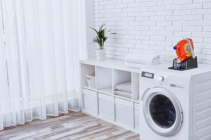 TidyFriend Liquid Laundry Detergent Holder Stand with Drip Tray & Rubber-Grip Feet, Stand for Laundry Room Organization and Storage, Fabric Softener Dispenser with Cup Holder for Easy Pouring (Black)