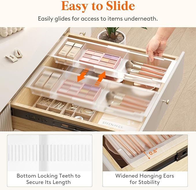 Lifewit Sliding Makeup Drawer Organizer Trays with Inserts, Extendable Hanging Desk Drawer Divider, Fits 13-20" Deep Drawers, 1.8" High Plastic Organizer Tray for Vanity, Office, Kitchen, Translucent