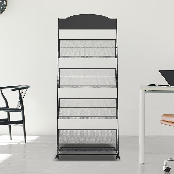 Floor-Standing Magazine Rack 4-Layer with Wheels, Semi-arched top Brochure Display Stand, High-hardness metal for Exhibitions, Office, and Any Organization Requiring Information Display (Arc-Black)