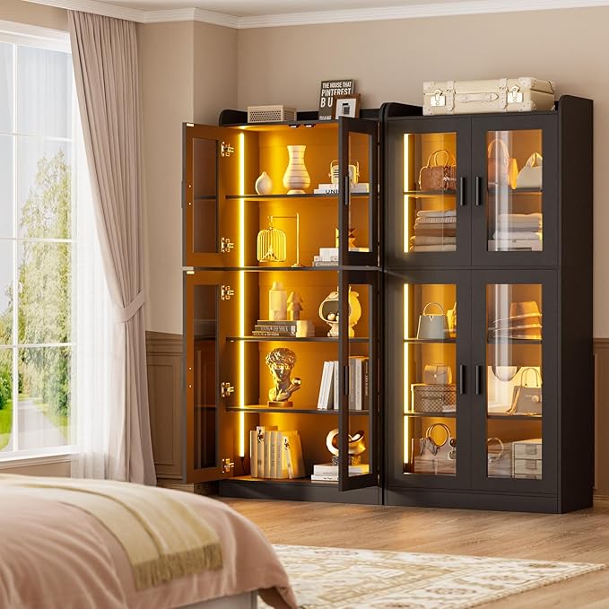 Unikito Display Cabinet with Glass Doors, 67" Tall Bookcase with LED Lights, Glass Display Case with 5-Tier Storage Shelves, Curio Cabinet for Collectibles Bedroom Living Room Office, Black Bookshelf