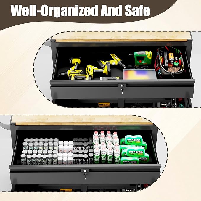 46-inch Rolling Tool Cabinet,Tool Chest Workbench with Wood Top, Casters, Handle, Drawer Liner, Locking System,Tool Storage Workstation with 1200 lb for Warehouse, Factory, Auto Service Bays