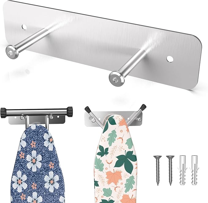 Ironing Board Holder Wall Mount, Ironing Board Hanger for Y or T Shaped, Laundry Rooms Stainless Steel Iron Board Hook with Adjustable Hooks