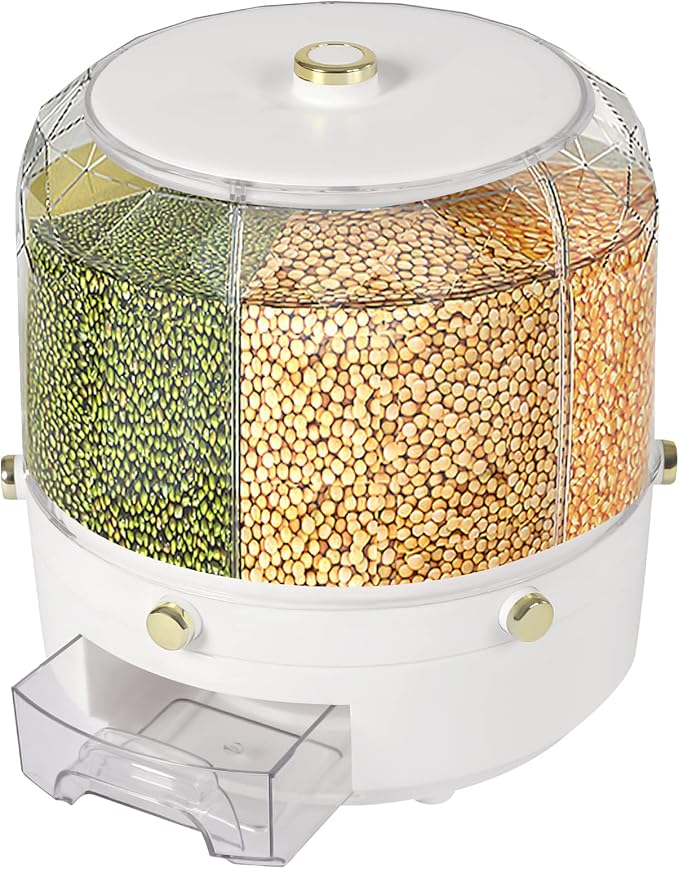 Cereal Dispenser Countertop 360° Rotating Grain Storage Container 13.2 Lbs Rice Dispenser 6 Grids Dry Food Dispenser Candy Dispensers Countertop for Small Grains, Beans, Rice