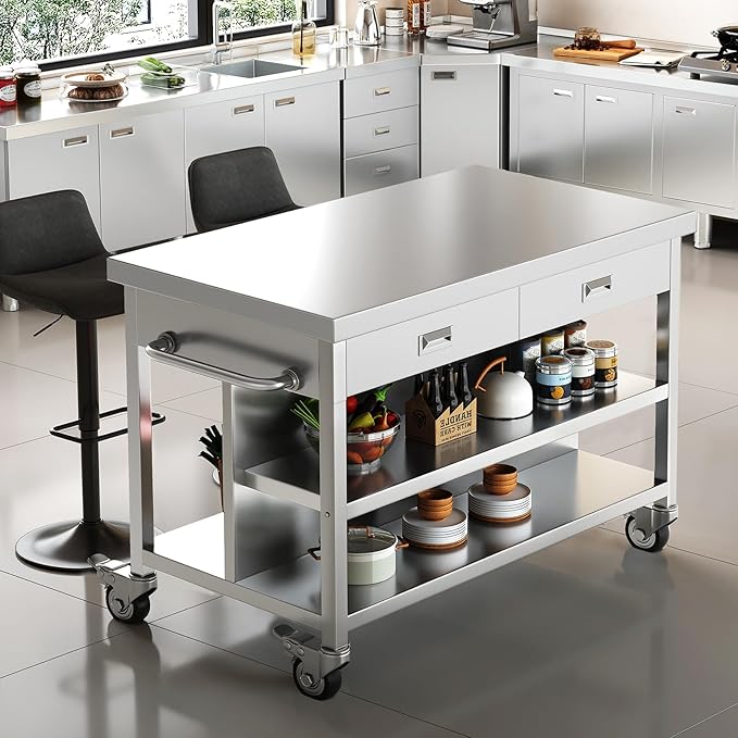 Stainless Steel Kitchen Island with Storage, Rolling Kitchen Island Cart on Wheels with 2 Drawers, Industrial Kitchen Cart, Commercial Portable Island for Kitchen, Bar, Outdoor Patio, 25 x 50 x 37 in