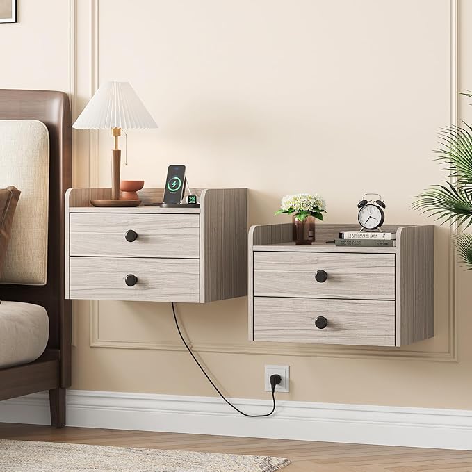 Floating Nightstand Set of 2 with 2 Storage Drawers and Charging Station Wood Wall Mounted Bedside End Table Modern Night Stands Set 2 for Bedroom,Small Space,Grey Black