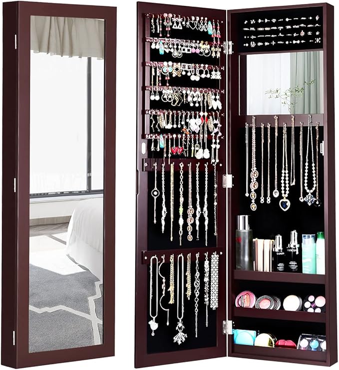 Giantex Wall Mounted Jewelry Cabinet with Full Length Mirror, Over The Door Jewelry Armoire Organizer with Large Storage, Makeup Mirror & Velvet Lining (Brown)