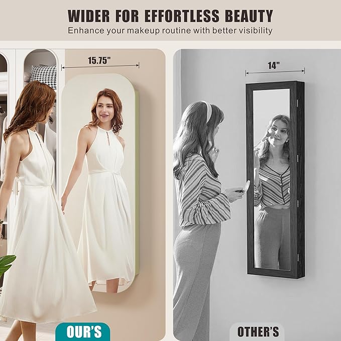 6 LED Mirror Jewelry Cabinet - Wall/Door Mounted Jewelry Armoire with Large Capacity - Lockable Tall Hanging Organizer - Cosmetic Storage & Gift Idea - Green