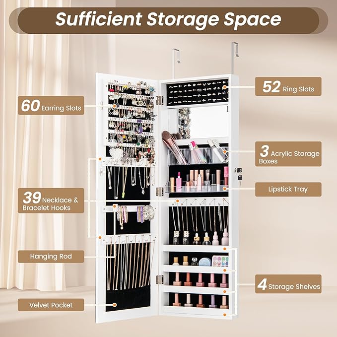 CHARMAID Jewelry Cabinet Wall or Door Mounted, Hanging Lockable Jewelry Armoire Storage with Full Length Mirror, Interior Makeup Mirror, Over the Door Jewelry Organizer Box with Mirror (White)