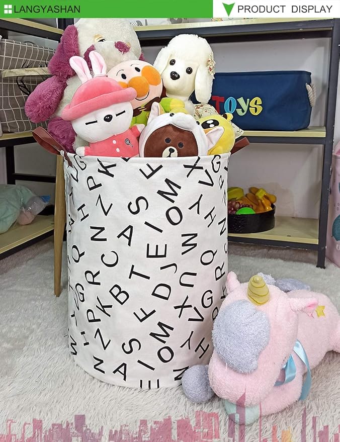 LANGYASHAN Laundry Basket Canvas Fabric Collapsible Organizer Basket for Storage Bin Toy Bins Gift Baskets Bedroom Clothes Children Nursery Hamper (Alphabet)