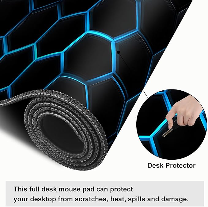 Gaming Mouse Pad – Large Extended Desk Mat 31.5 x 11.8 in– Futuristic Black Honeycomb Design with Blue Glow, Non-Slip Base, Waterproof Surface, Keyboard & Mouse Pad for Gaming or Office