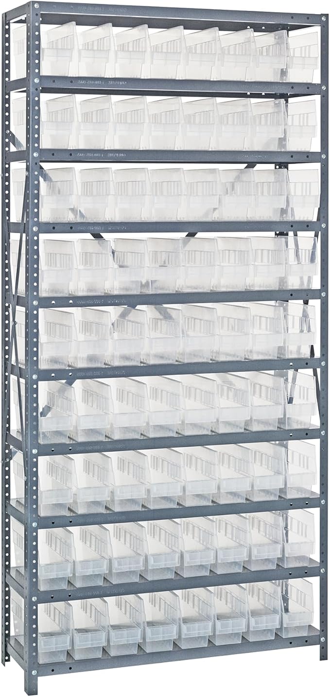 Quantum 1875-203CL Heavy Duty Shelving Unit with (13) Shelves and (72) QSB203 Clear Bins for Industrial Warehouse Storage Distribution | 400 lbs Capacity | 18"D x 36"L x 75"H, Galvanized Carbon Steel