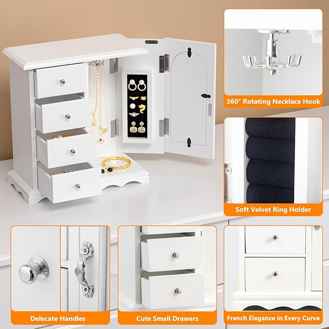 Bonnlo Small Jewelry Box Organizer with Photo Frame Door & Velvet Ring Holder, French Style Jewelry Storage Case with Rotating Necklace Hooks & Drawers, White,9.5" W*4.75" D*10.75" H
