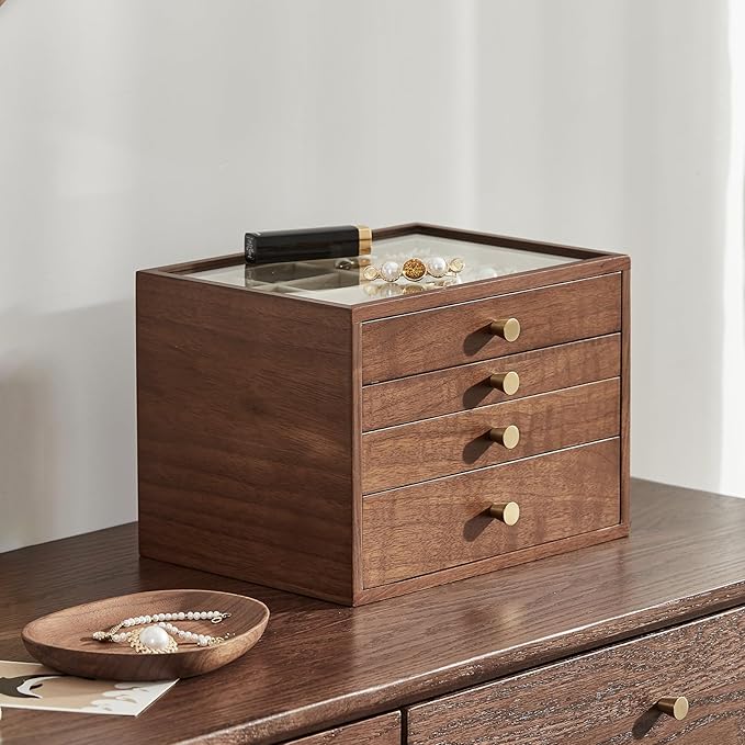 CHOSIN Black Walnut Jewelry Box for Women, 4-Layer Wooden Organizer with Glass Lid, for Watches, Necklaces, Rings & Earrings Storage Christmas Gifts
