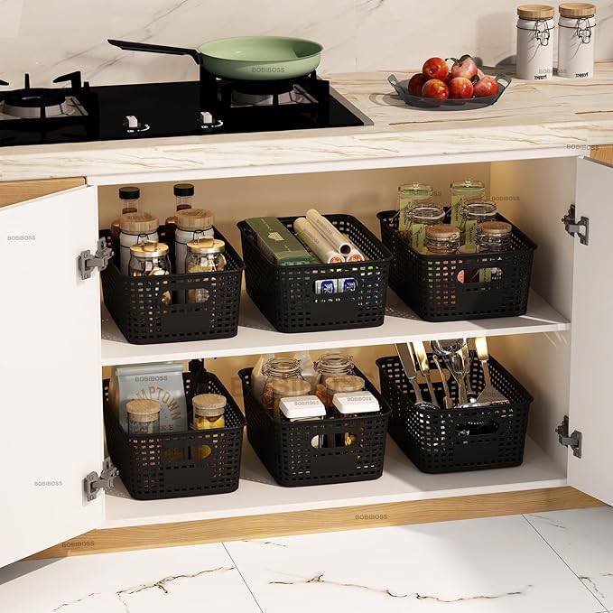 Black Plastic Storage Baskets with Lids 10 Pack Stackable Storage Bins Containers for Shelves Organizing, Cute Decorative Storage Boxes for Classroom, Playroom, Closet, Pantry