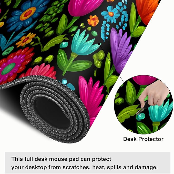 Folk Art Floral Mouse Pad – Large Extended Desk Mat 31.5 x 11.8 in– Colorful Boho Flowers on Black Background, Waterproof Surface, Non-Slip Rubber Base, Oversized Mouse & Keyboard Pad