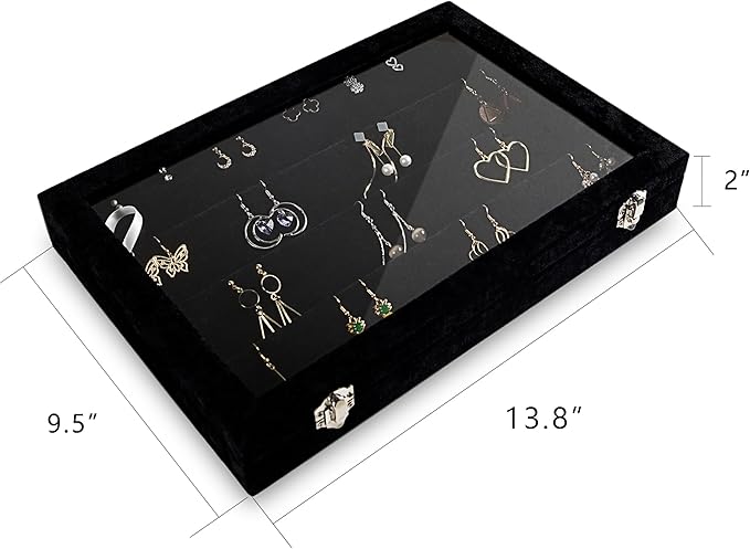 Frebeauty Earring Organizer Tray with Clear Lid 64 Slots Velvet Drawer Insert Earring Storage box with Transparent Glass lid Jewelry Display Case with lock Gifts for Women (Black, Earrings)