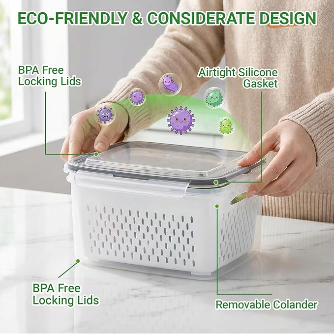 5 PCS Fruit Storage Containers for Fridge, Leakproof Produce Containers for Fridge with Removable Colander, All-In-One Fruit Containers Stainers Berry, Fruits, Vegetables, Salad Keeper Local Stock