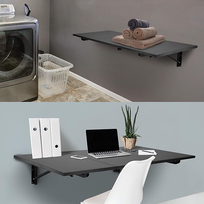 Mount-It! Heavy Duty Drop Down Table, Wall Mounted Drop Leaf Tables 45x15x7 Inches, Collapsible, Folding Workbench for Home Office, Laundry Room, Garage, Basement Bar, Study or Kitchen (Black)