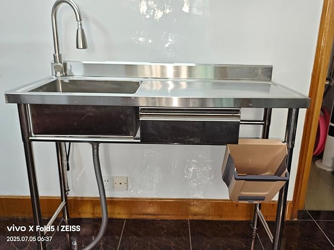 304 Stainless Steel Utility Sink with Faucet – Free Standing Single Bowl Kitchen Sink with Workbench & Drawer Storage, Hot/Cold Water Pipes for Laundry, Farmhouse & Outdoor Use 47”(SCTD-120R)