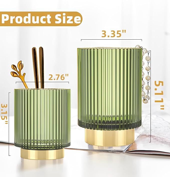 Makeup Brush Holder Organizer, Heavy Crystal Glass Brush Storage Holder, Vintage Cosmetic Make Up Bathroom Brushes Cup Pen Pencil Toothbrush Holder Striped Vase (Large (green))
