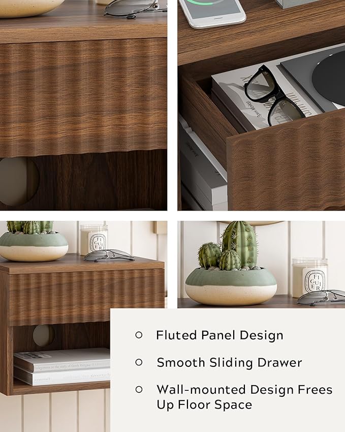 Floating Nightstands Set of 4 with Drawer and Open Shelf, Small Wall Mounted Bedside End Table, Modern Fluted Night Stand for Bedroom, Living Room, Brown