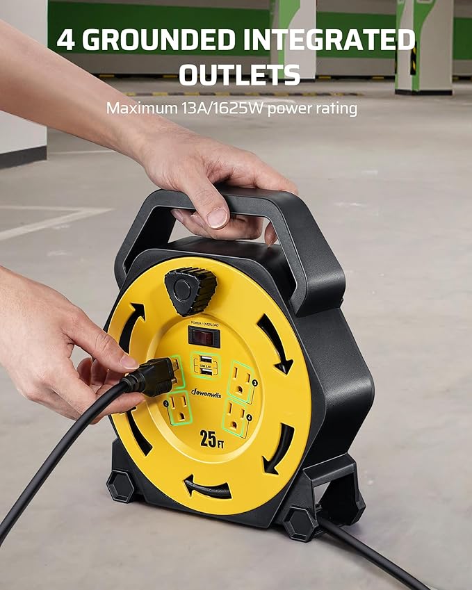 DEWENWILS Cord Reel with 4 Power Outlets, 2-USB Ports(3.4A Fast Charge), 25FT Retractable Extension Cord Reel, Heavy Duty SJTW 16/3 Cable, 13A Circuit Breaker, Hand Wind, UL Listed