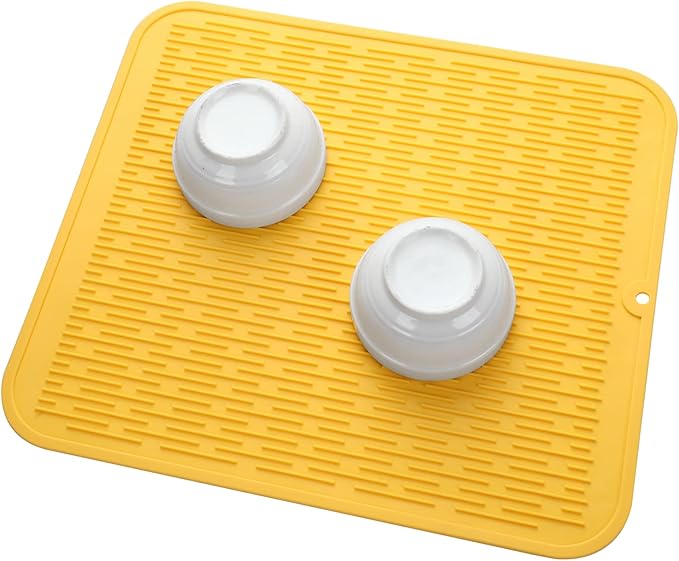 Silicone Dish Drying Mat for Multiple Usage,Easy clean,Eco-friendly,Heat-resistant Silicone Mat for Kitchen Counter or Sink,Refrigerator or Drawer Liner Yellow XL 18 inches x 16 inches