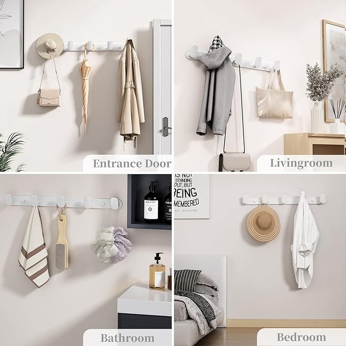 Coat Rack Wall Mount White, 5 Hooks Rack Metal Coat Hanger Wall for Hanging Hat Purse and Robes, Towel Hook for Bathrooms and Entryway (1 Pack)