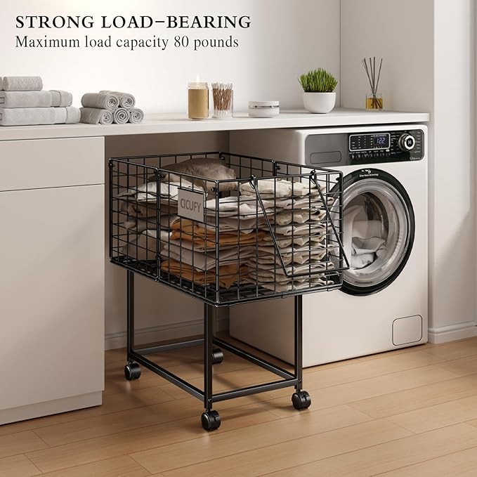 Wire Laundry Hamper, 80L Rolling Laundry Basket Cart on Wheels, Dirty Clothes Basket with Handle, Metal Clothes Hamper Organizer for Laundry Room, Bathroom, Bedroom, Dorm, Black