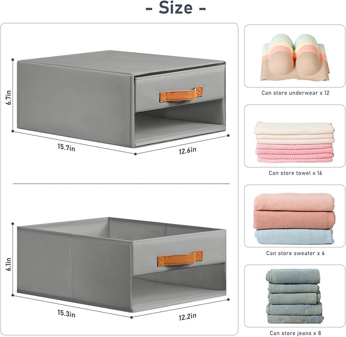 DIMJ Closet Organizers and Storage - Foldable Storage Bins with Drawers Pull-Out Stackable Storage Drawers with Clear Window,Fabric Clothes Organizers and Storage Drawers for Closet, 6-Pack, Grey