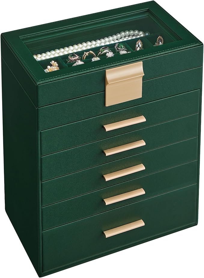 SONGMICS Jewelry Box Organizer with Glass Lid, 6-Layer Jewelry Storage, with 5 Drawers, Modern Style, Christmas Gift, 6.4 x 9.9 x 11.4 Inches, Forest Green and Gold Color UJBC171C01
