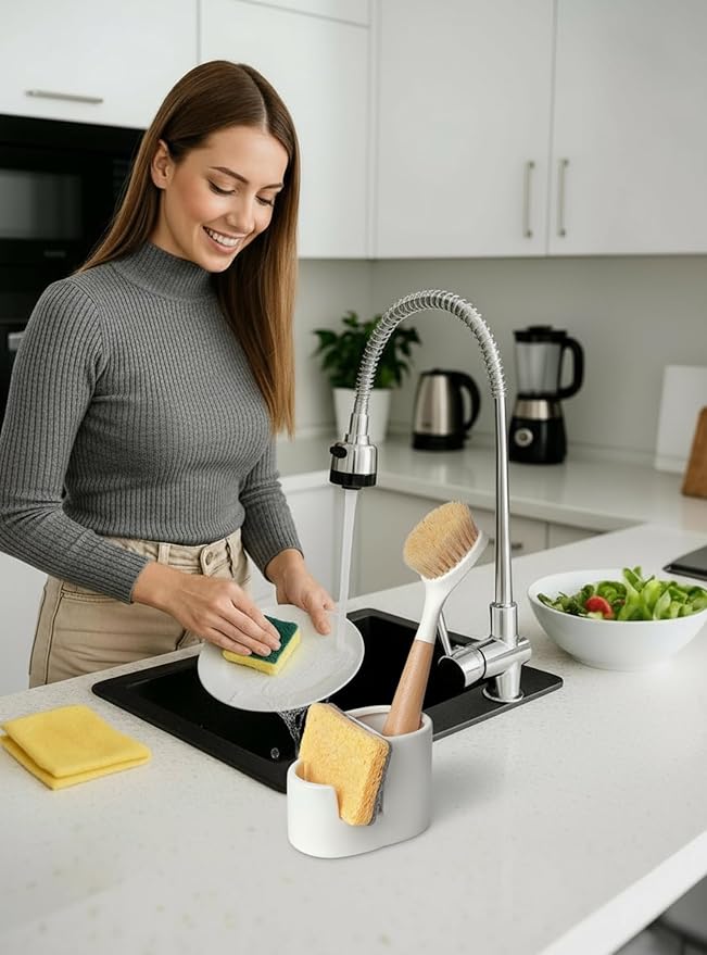 2-in-1 Ceramic Sponge Holder,Dish Sponge and Brush Holder for Kitchen Sink,Bathroom, Keeps Sponges, Brush and Countertop Drying&Hygienic, Dishwasher Safe, Rust-Proof, White