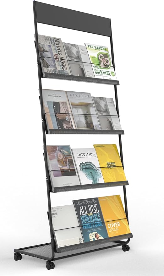 TONGMO Magazine Rack: Floor-Standing 4-Layer with Wheels, Brochure Display Stand, High-hardness metal for Exhibitions, Office, and Any Organization Requiring Information Display(Black)
