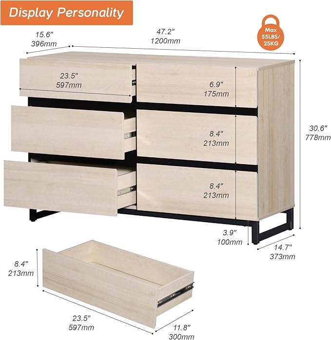 WAMPAT Dresser for Bedroom, Closet Organizers and Storage with 6 Drawers, Chest of Drawers with Metal Base, Modern Wood Dresser for Living Room, Entryway, Light Oak
